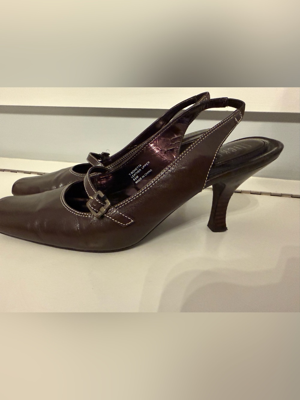 Nickels Dark Brown Leather Slingback Heels with Buckle Accent